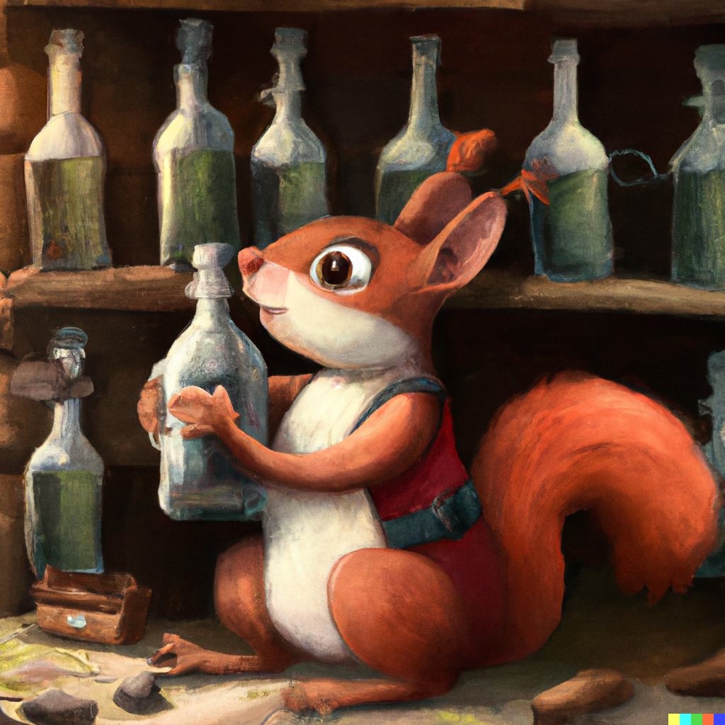 Illustratie van eekhoorn die wijn bewaart