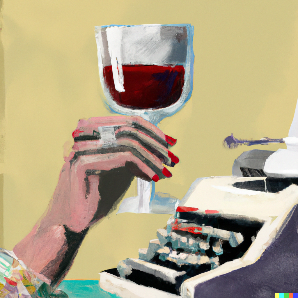 Illustratie over wijnschrijven: een glas in hand bij een typemachine