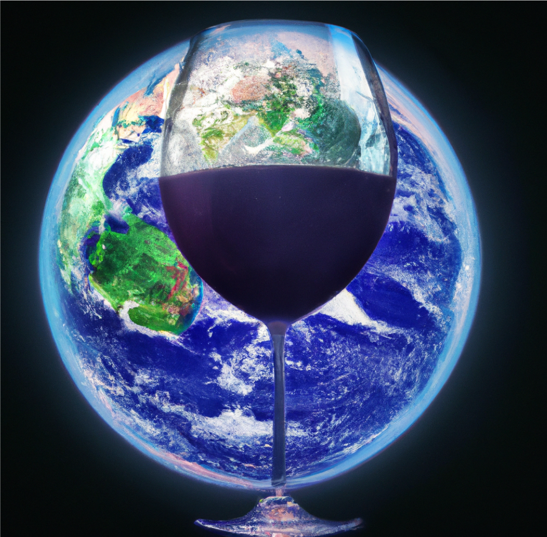 Illustratie met glas wijn en wereldbol